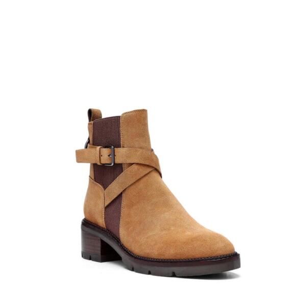 Donald Pliner Womens Savvy Bootie 7 Caramel Tan Brown Buckle Strap Leather NWOB - Picture 1 of 16